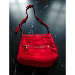 Michael Kors Red Nylon Leather Trim Gold Crossbody Messenger Bag
